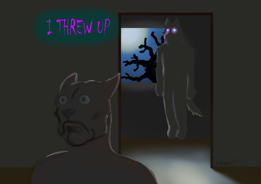 anthro creepy dark dark_room duo floating glowing glowing_eyes inside levitation light male moon moonlight plant scary tree window seinki canid canine canis domestic_dog mammal pit_bull wolf absurd_res hi_res meme