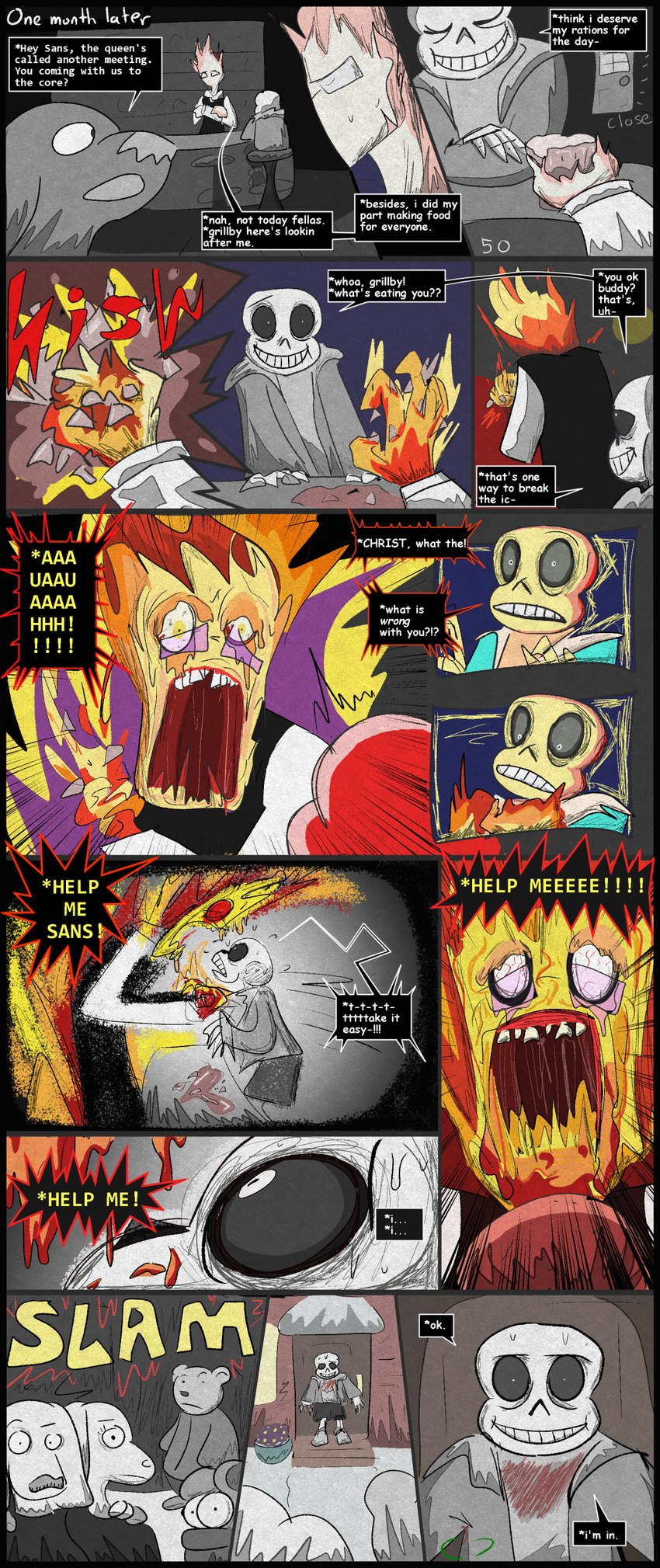 alternate_universe bone clothing dialogue eyewear fire glasses gore male skeleton speech_bubble teeth text white_body sour-apple-studios horrortale undertale undertale_(series) grillby grillby_(horrortale) sans_(undertale) animated_skeleton boss_monster_(undertale) elemental_creature elemental_humanoid fire_creature humanoid undead absurd_res comic english_text hi_res