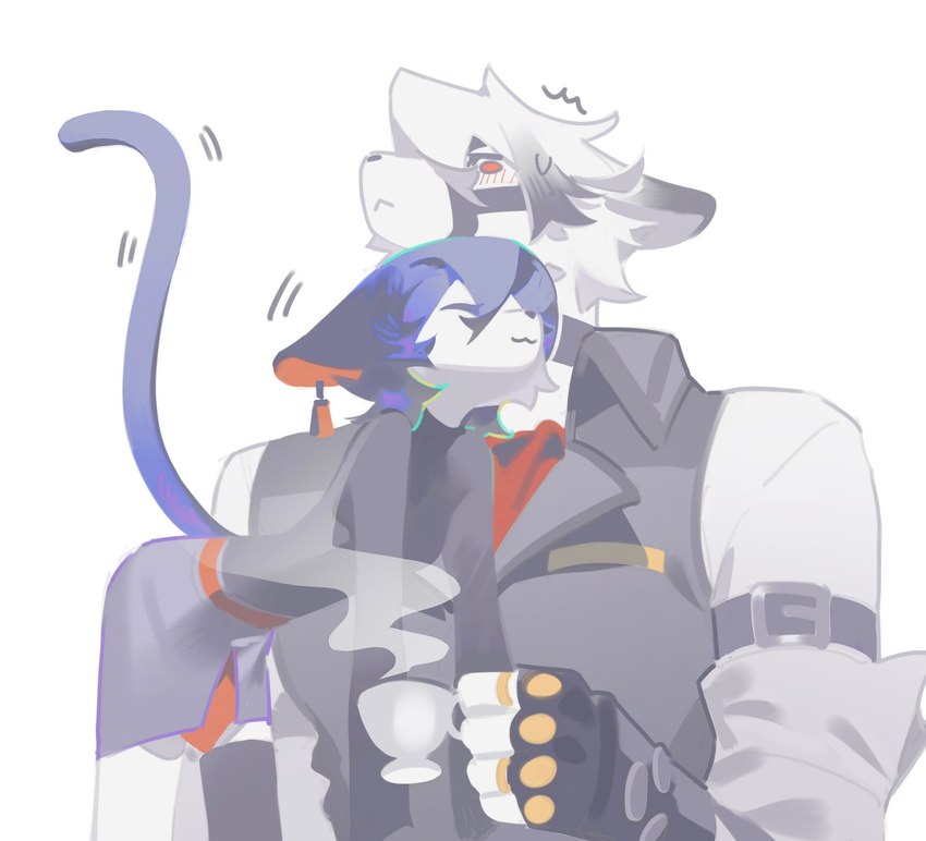 blue_hair blush blush_lines bodily_fluids drinking_tea duo eyes_closed hair looking_at_another looking_at_partner red_eyes steam sweat sweatdrop null241012 mihoyo zenless_zone_zero belle_(zenless_zone_zero) von_lycaon canid canine canis domestic_cat felid feline felis mammal wolf 2024 hi_res