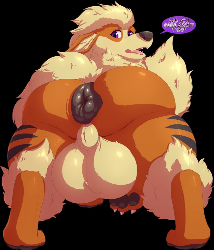 anus balls big_anus big_balls big_butt butt feral fur genitals huge_anus huge_balls huge_butt hyper hyper_anus inner_ear_fluff looking_at_viewer male nude open_mouth presenting presenting_hindquarters puffy_anus purple_eyes rear_view solo speech_bubble text thick_thighs tuft impaledwolf nintendo pokemon arcy_the_arcanine fan_character arcanine canid canine generation_1_pokemon mammal pokemon_(species) 2017 alpha_channel english_text hi_res