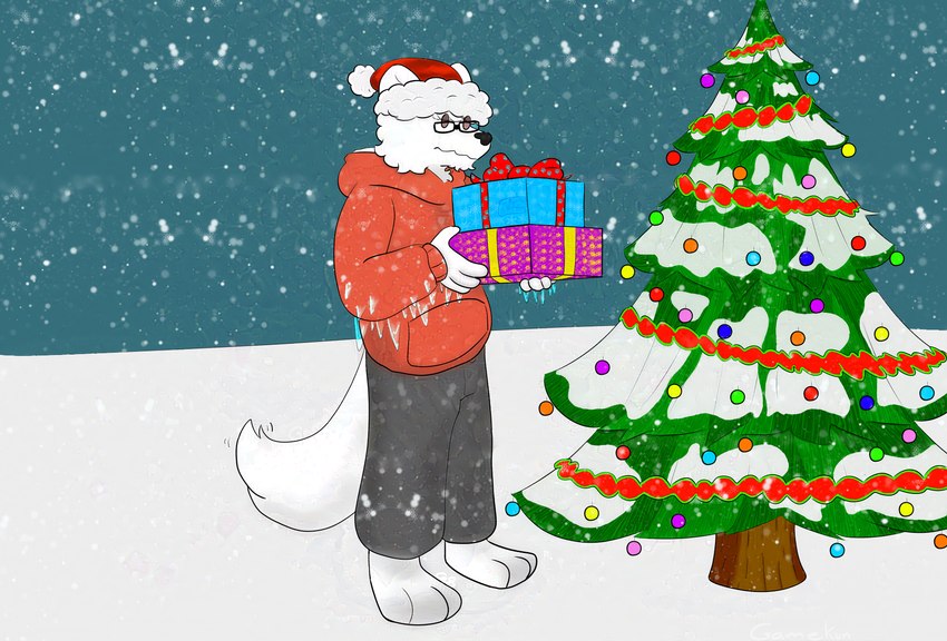 anthro christmas_clothing christmas_headwear christmas_tree clothing eyewear gift glasses hat headgear headwear holidays jacket male phyzone plant santa_hat snow solo topwear tree wearing_glasses gamekun christmas arctic_fox canid canine fox mammal true_fox orange adversarial_noise hi_res