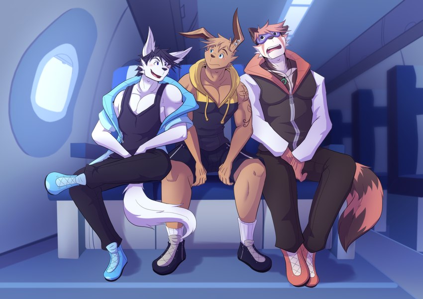 aircraft airplane anthro clothed clothing ear_piercing fur group inside_airplane male male/male muscular muscular_male piercing public vehicle white_body white_fur shirokoi repeat_(visual_novel) euca_(repeat) owen_(repeat) sissel_(repeat) ailurid arctic_fox canid canine fox lagomorph leporid mammal rabbit red_panda true_fox absurd_res hi_res