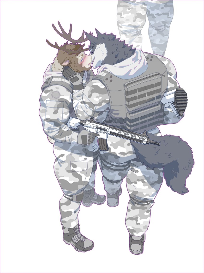 anthro antlers assault_rifle black_body black_fur blush boots bottomwear brown_body brown_fur brown_hair bulletproof_vest camo camo_bottomwear camo_clothing camo_jacket camo_pants camo_print camo_topwear clothing duo elbow_pads eyes_closed footwear fur gloves gun hair hand_on_neck handwear holding_gun holding_object holding_ranged_weapon holding_weapon horn kissing magazine_(gun) male male/male military muscular muscular_anthro muscular_male pants pattern_bottomwear pattern_clothing pattern_pants pattern_topwear ranged_weapon rifle shoes soldier soldier_uniform tactical_gloves topwear trigger_discipline walking warrior weapon winter_camouflage raccoon21 december_twilight owen_brayden canid canine canis deer domestic_dog husky mammal new_world_deer nordic_sled_dog reindeer spitz 2022 3:4 absurd_res hi_res