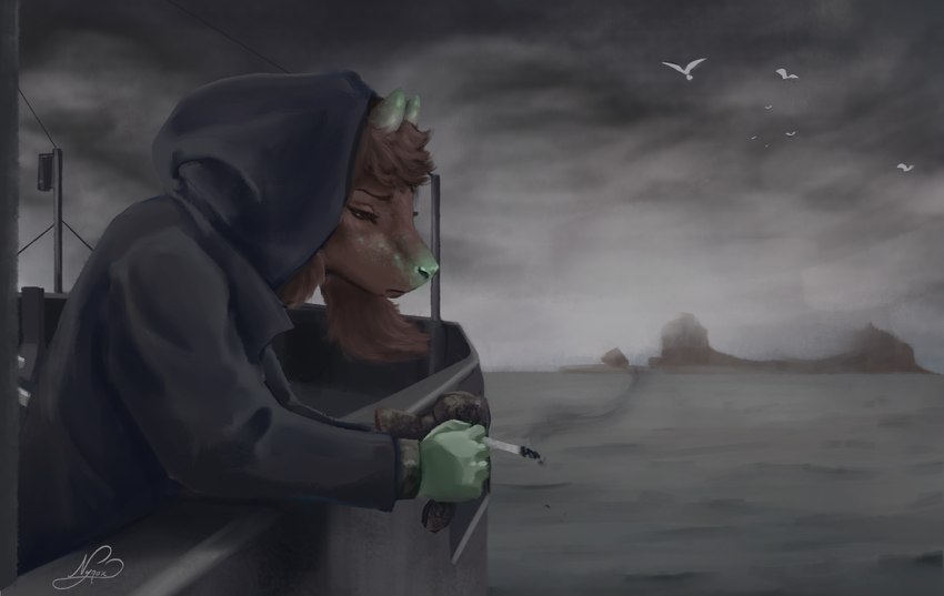 anthro army boat bodily_fluids brown_body cigarette crying dramatic glowing horn leaning looking_down male male/male paint sad sea smoke smoking solo tears vehicle water watercraft wind nyrox_(artist) tempest avian bird bovid bovine caprine cattle goat mammal hi_res