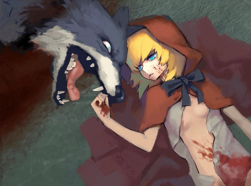 blonde_hair blood blood_pool blood_stain bodily_fluids bow_tie corpse dead_eyes death female feral gore hair nipples slit_throat snuff cyber_monk black_souls_(game) fairy_tales little_red_riding_hood_(copyright) big_bad_wolf little_red_riding_hood canid canine canis human mammal wolf hi_res