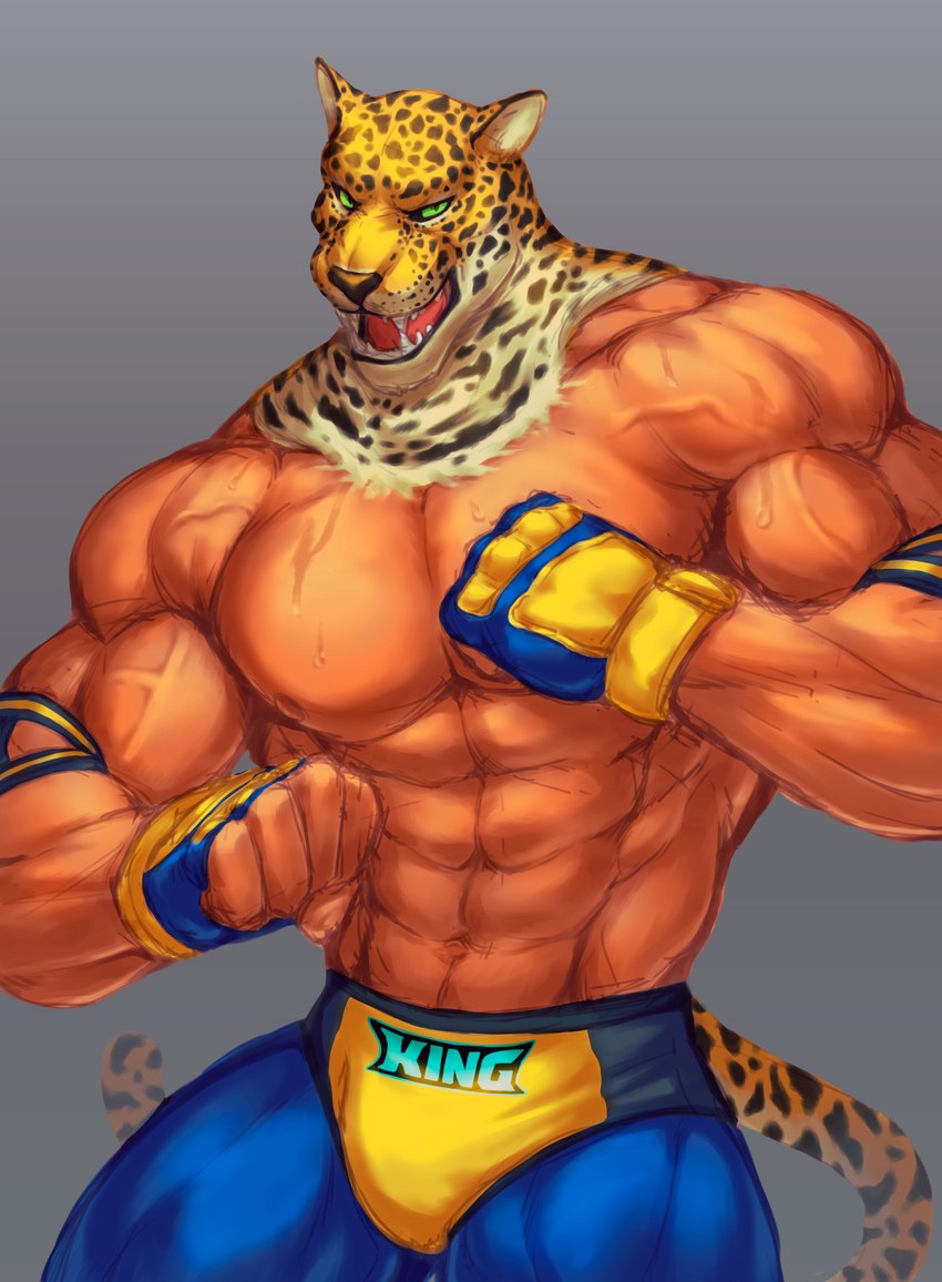 abs animal_mask biceps big_muscles bodily_fluids looking_at_viewer luchador male mask muscular muscular_male open_mouth pecs solo sweat vein veiny_muscles wrestler mixterart bandai_namco tekken tekken_7 king_(tekken) felid human humanoid jaguar mammal pantherine absurd_res hi_res