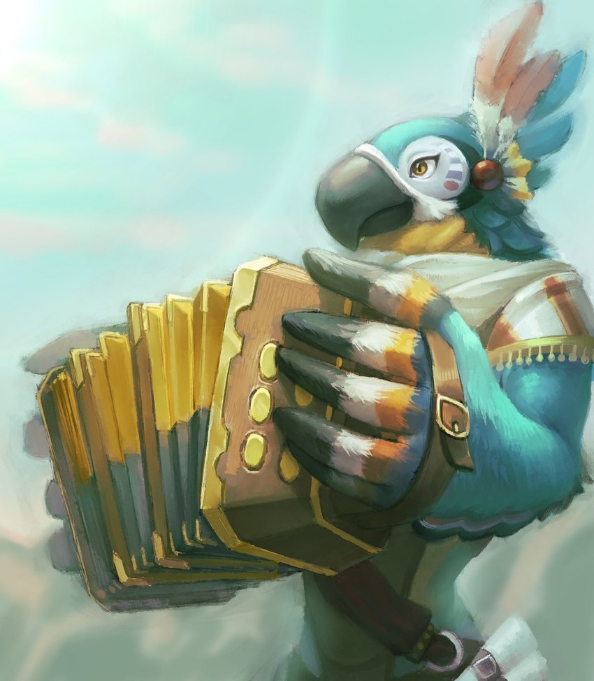 anthro bandoneon beak blue_body blue_feathers clothed clothing cloud detailed_background feathers holding_musical_instrument holding_object male multicolored_body multicolored_feathers musical_instrument outside partially_clothed playing_accordion playing_music side_view sky solo standing white_body white_feathers yellow_body yellow_eyes yellow_feathers buriburiri2 breath_of_the_wild nintendo the_legend_of_zelda kass_(tloz) avian rito digital_media_(artwork) digital_painting_(artwork) half-length_portrait painting_(artwork) portrait shaded