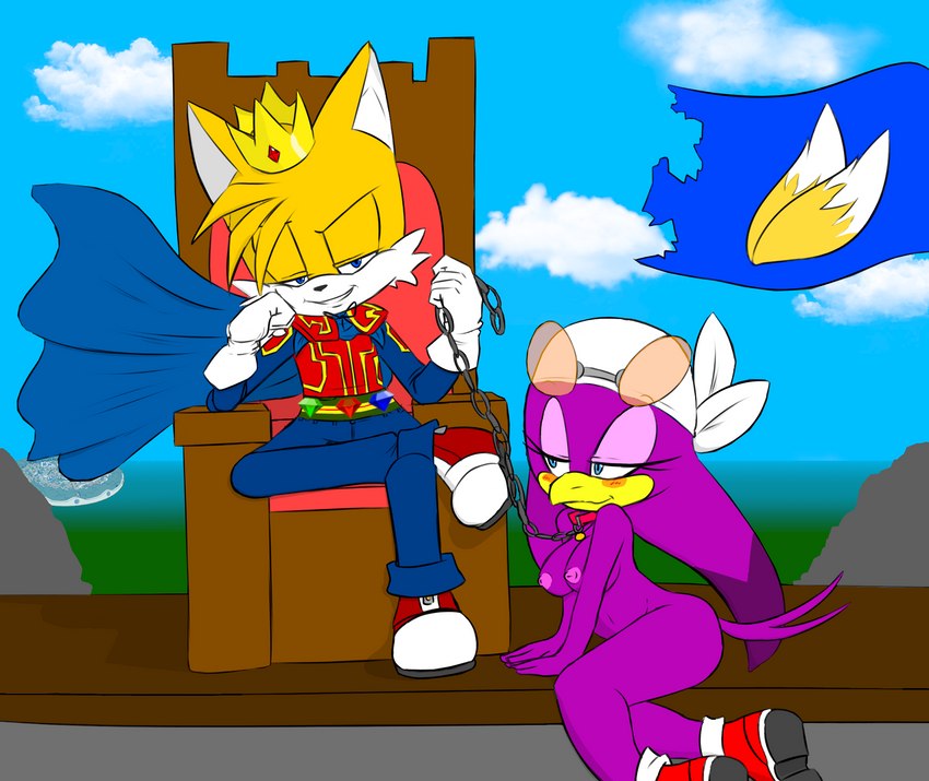 anthro chair cloud collar crown dominant dominant_male duo emperor female flag flag_(object) furniture headgear male male/female map master/pet mostly_nude predator/prey royalty slave throne torn_flag tenshigarden sega sonic_riders sonic_the_hedgehog_(series) miles_prower wave_the_swallow avian bird canid canine fox hirundinid mammal oscine passerine swallow_(bird) hi_res