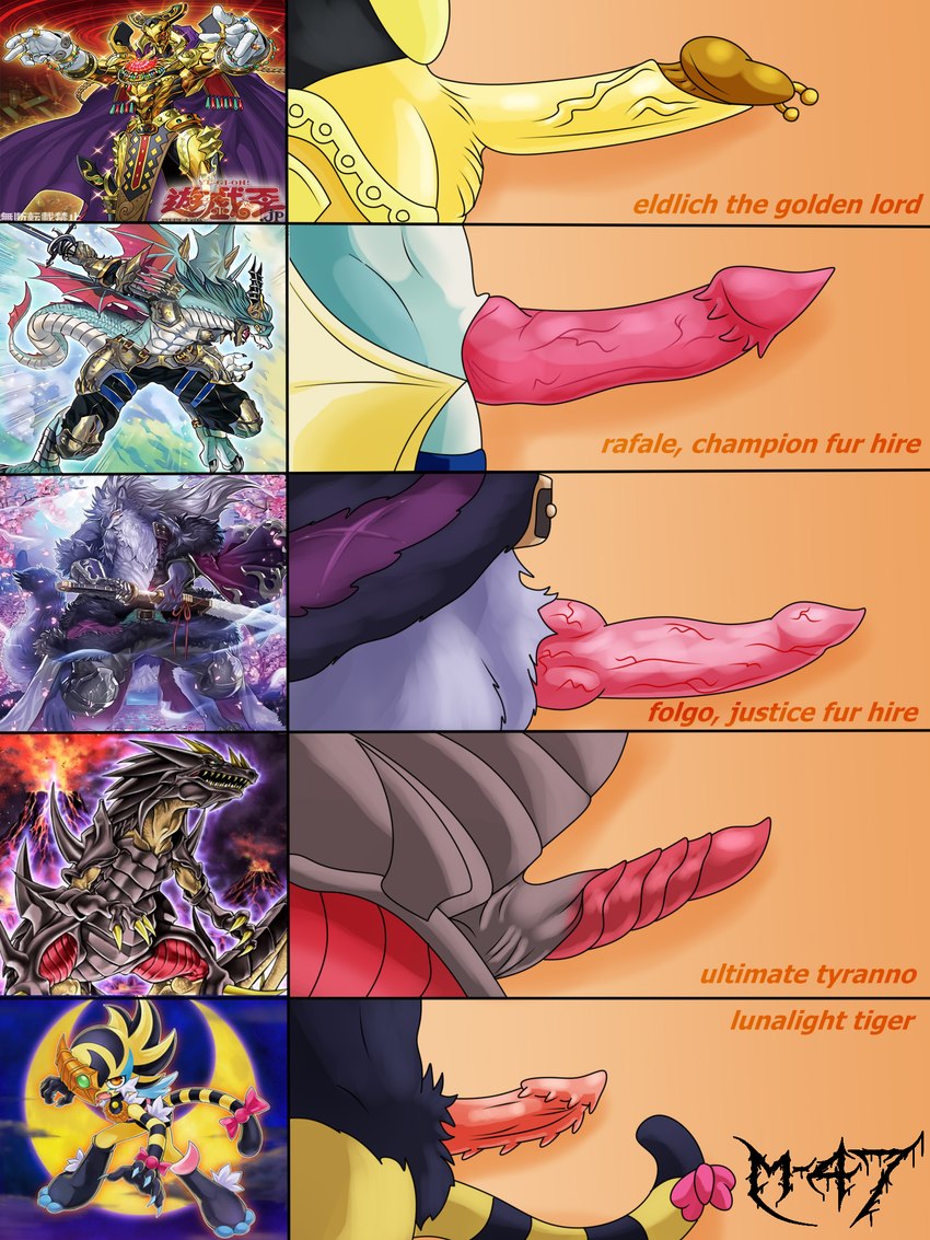 anthro chart comparing comparing_penis genital_piercing genitals group male penis penis_chart penis_piercing penis_size_difference piercing prince_albert_piercing tail m-47 mythology penis_lineup yu-gi-oh! eldlich_the_golden_lord folgo_justice_fur_hire fur_hire lunalight_tiger rafale_champion_fur_hire ultimate_tyranno dinosaur dragon duel_monster human humanoid lunalight mammal mythological_creature mythological_scalie prehistoric_species reptile scalie undead 3:4 hi_res