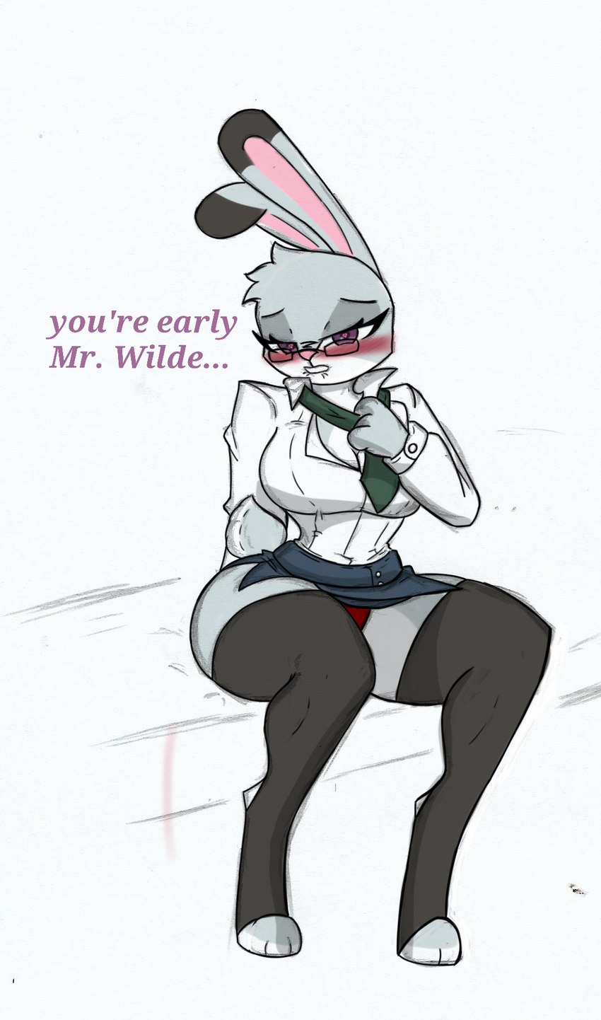 anthro big_breasts big_butt bite biting_lip blush bottomwear breasts butt clothing clothing_pull dipstick_ears ear_markings eyewear female fur glasses grey_body grey_fur heart_eyes heart_symbol legwear multicolored_ears necktie necktie_pull panties purple_eyes scut_tail secretary secretary_outfit short_tail sitting skirt solo tail text thick_thighs thigh_highs underwear pace-maker disney zootopia judy_hopps lagomorph leporid mammal rabbit english_text hi_res