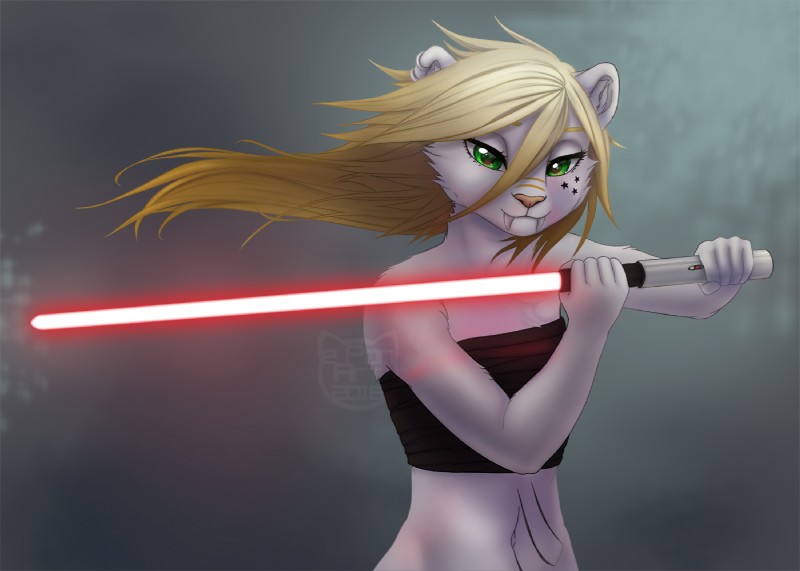 anthro blonde_hair ear_piercing ear_ring fangs female fur green_eyes grey_background hair holding_object holding_weapon lightsaber melee_weapon piercing red_lightsaber ring_piercing simple_background solo teeth weapon white_body white_fur e-pon star_wars felid mammal prehistoric_species saber-toothed_tiger