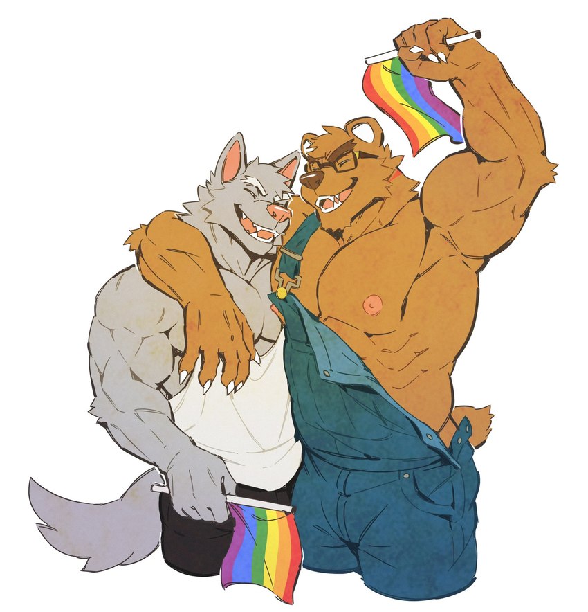 abs anthro arm_around_shoulders barazoku biceps big_muscles bottomwear claws clothed clothing duo eyebrows eyes_closed eyewear flag flag_(object) fur glasses holding_flag holding_object kemono lgbt_pride male muscular muscular_anthro muscular_male nipples obliques open_mouth open_smile overalls overalls_only pants pecs pride_color_flag pride_colors rainbow_pride_colors serratus shirt simple_background six-stripe_rainbow_pride_colors smile standing tank_top teeth tongue topwear tuft white_background peapeafur bear canid canine canis mammal wolf 2023 hi_res