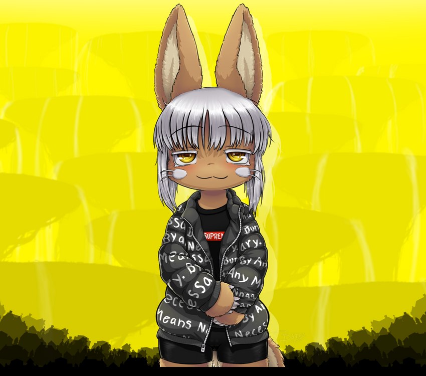 ambiguous_gender anthro camel_toe clothing hair jacket shirt solo standing text text_on_clothing text_on_jacket text_on_shirt text_on_topwear topwear white_hair young buneposter drip_(meme) goku_drip made_in_abyss supreme nanachi lagomorph leporid mammal narehate rabbit hi_res meme