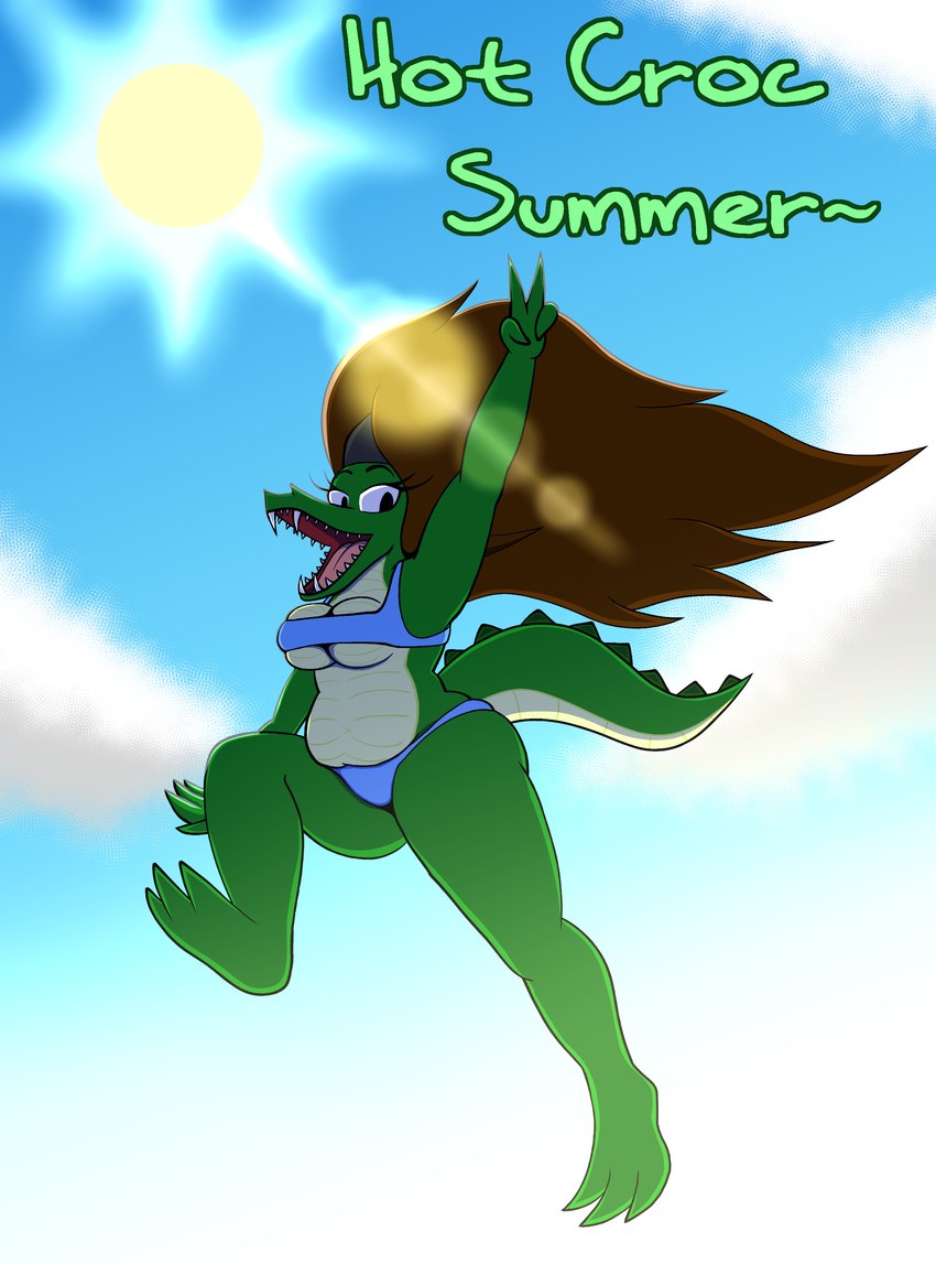 anthro bikini breasts clothing female in_the_air jumping light looking_at_viewer outside solo sunlight swimwear two-piece_swimsuit under_boob marcodile marcella_(marcodile-arts) crocodilian reptile scalie absurd_res hi_res