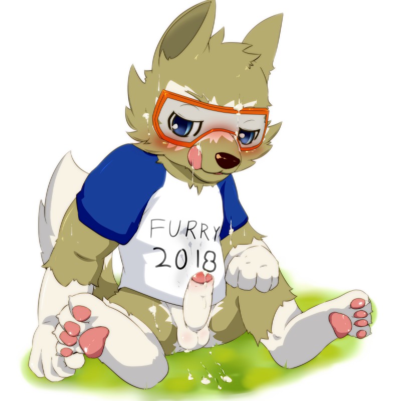 anthro balls biped black_nose blue_eyes blush bodily_fluids brown_body brown_fur clothed clothing cum erection eyewear fur genital_fluids genitals goggles hair looking_at_viewer male mascot multicolored_body multicolored_fur open_mouth penis russia russian shirt simple_background soccer solo sport spread_legs spreading tail text text_on_clothing text_on_shirt text_on_topwear tongue tongue_out topwear white_background world_cup young young_anthro okunawa fifa zabivaka canid canine canis mammal wolf 1:1 2016 digital_media_(artwork) english_text hi_res