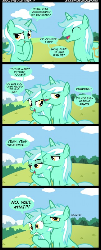 cloud crossgender cutie_mark dialogue duo female feral hair horn hug male multicolored_hair outside square_crossover text two_tone_hair yellow_eyes veggie55 friendship_is_magic hasbro me_gusta my_little_pony mythology lyra_heartstrings_(mlp) equid equine mammal mythological_creature mythological_equine unicorn absurd_res comic english_text hi_res meme url