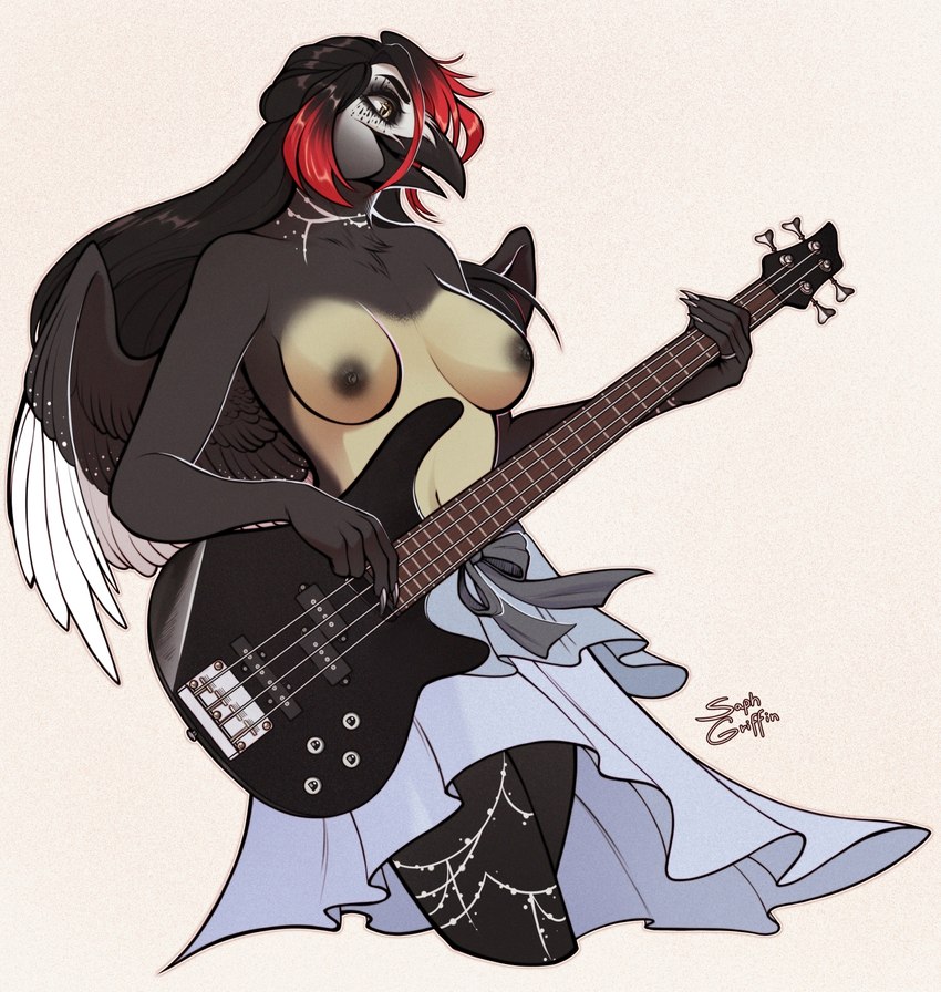 anthro bass_guitar beak big_breasts black_hair bottomwear breasts clothed clothing female guitar guitarist hair highlights_(coloring) jewelry long_hair makeup mascara music musical_instrument musician necklace nipples non-mammal_nipples nude plucked_string_instrument red_highlights rock_(genre) simple_background skirt solo string_instrument tasteful_nudity topless saphgriffin heavy_metal rift_seekers_saga paivio_selanne avian bird corvid corvus_(genus) crow oscine passerine hi_res signature