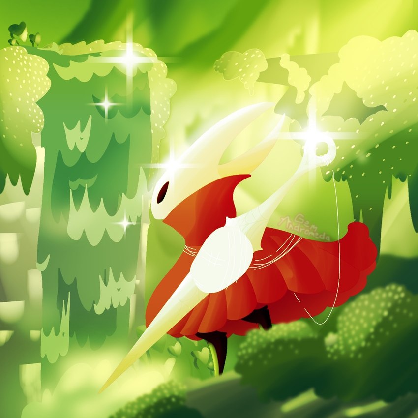 ambiguous_gender anthro cloak clothing detailed_background green_background moss nail_(weapon) plant red_cloak red_clothing scenery silk simple_background solo water waterfall gem_andromeda hollow_knight hollow_knight:_silksong team_cherry hornet_(hollow_knight) arachnid arthropod spider 1:1 hi_res