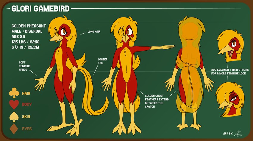 beak casino feathers gambling hair long_hair long_tail male red_body red_feathers solo tail text yellow_body yellow_feathers whitephoenix52 glori_gamebird avian bird chrysolophus galliform golden_pheasant phasianid absurd_res english_text hi_res model_sheet