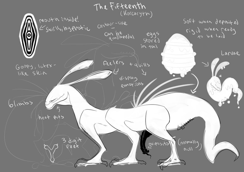 3_toes antennae_(anatomy) claws digitigrade directional_arrow dripping egg eyeless feet feral grey_background hexapod mouth_shot open_mouth ovipositor pit_organ quills_(anatomy) simple_background slime snout solo species_sheet standing tail text thick_tail toes white_body white_text gojiteeth alien the_fifteenth 2021 colored_sketch digital_drawing_(artwork) digital_media_(artwork) english_text flat_colors handwritten_text hi_res model_sheet monochrome signature sketch