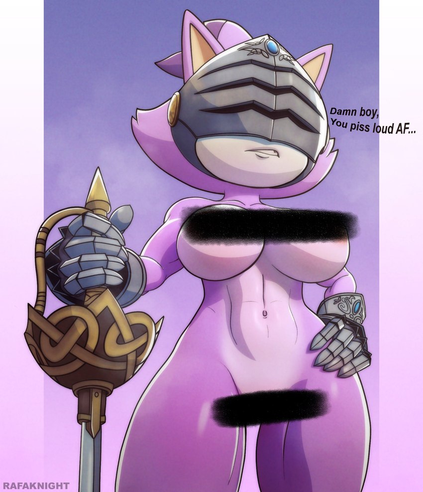 abs anthro armor big_breasts black_nose breasts censor_bar clothing dialogue female fur gauntlets gloves handwear headgear helmet melee_weapon nude purple_body purple_fur solo sword text thick_thighs weapon wide_hips rafaknight-rk sega sonic_and_the_black_knight sonic_storybook_series sonic_the_hedgehog_(series) blaze_the_cat sir_percival_(sonic_and_the_black_knight) domestic_cat felid feline felis mammal censored english_text hi_res