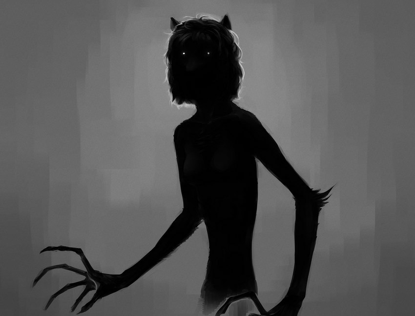 anthro black_body black_hair claws ears_up elbow_fur female fingernails glowing glowing_eyes grey_background hair long_fingernails long_fingers nails simple_background sinister solo napalm_express missy_(napalm_express) eldritch_abomination mammal monster wolficus 2022 hi_res monochrome sketch