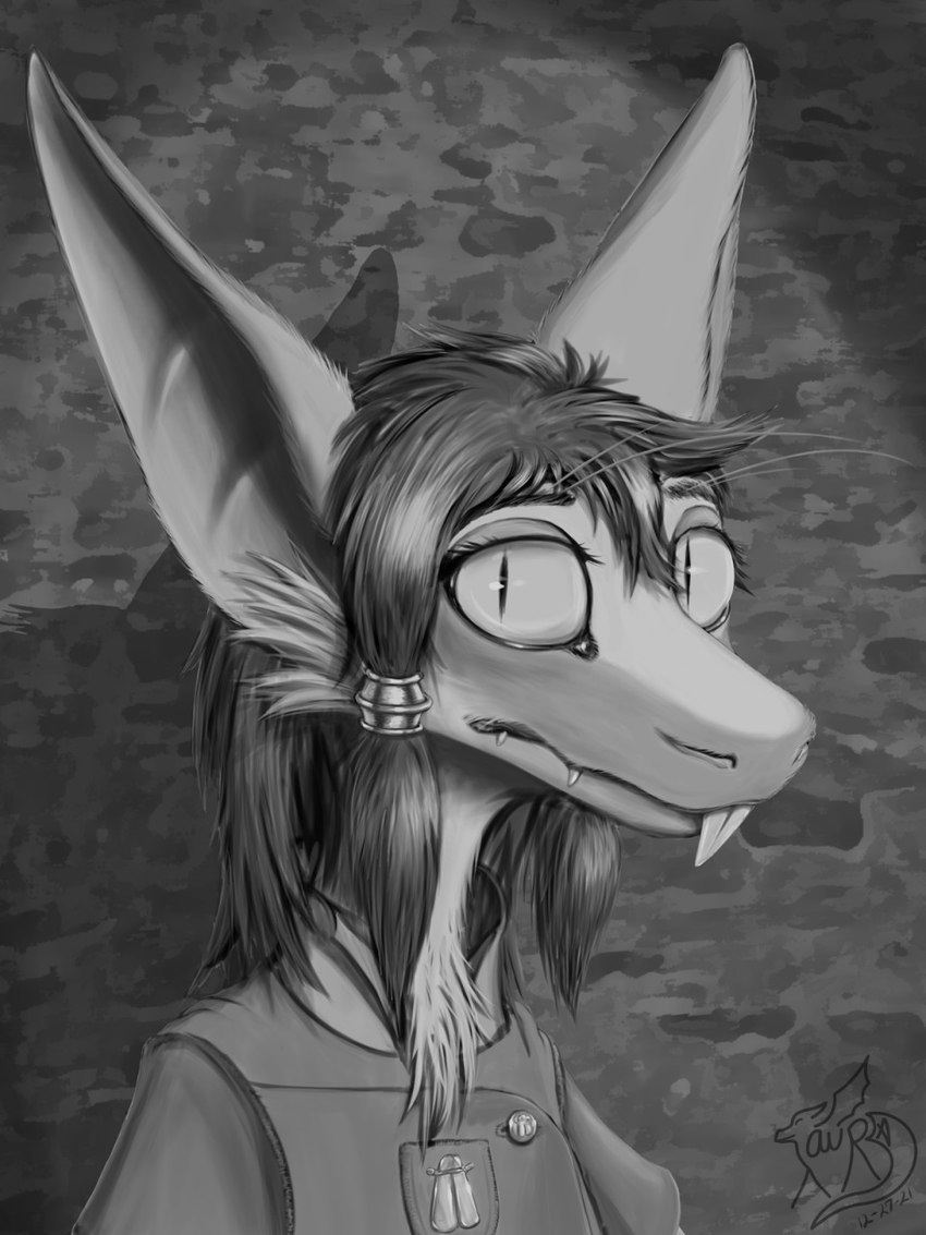 accessory anthro clothed clothing female fur hair_accessory looking_at_viewer pupils simple_background slit_pupils solo tersethra out-of-placers kassen_akoll mammal yinglet 2022 3:4 bust_portrait greyscale hi_res monochrome portrait watermark