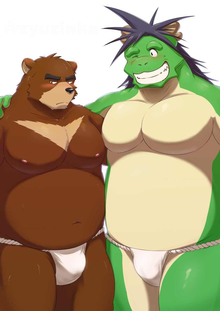 anthro arm_around_shoulders asian_clothing belly big_belly black_mane black_nose blush brown_body brown_fur bulge chest_markings clothed clothing countershade_arms countershade_legs countershade_snout countershade_torso countershading duo east_asian_clothing fundoshi fundoshi_only fur green_body green_skin horn hug japanese_clothing kemono male male/male mane markings navel nipples one_eye_closed overweight overweight_anthro overweight_male pecs pink_nipples sharp_teeth snout tan_body tan_countershading tan_fur tan_skin teeth topless underwear underwear_only white_clothing white_fundoshi white_underwear wink ry_o morenatsu mythology juuichi_mikazuki tatsuki_(morenatsu) bear dragon mammal mythological_creature mythological_scalie scalie 2023 absurd_res hi_res