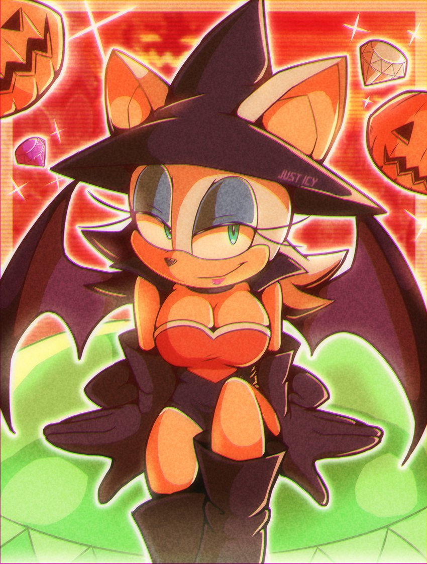 anthro breasts chaos_emerald cleavage clothed clothing eyeshadow female food footwear fruit fur gem gloves handwear hat headgear headwear makeup master_emerald narrowed_eyes plant pumpkin sitting smile solo tan_body tan_skin white_body white_fur wings witch_hat just_icy sega sonic_the_hedgehog_(series) rouge_the_bat bat mammal hi_res signature