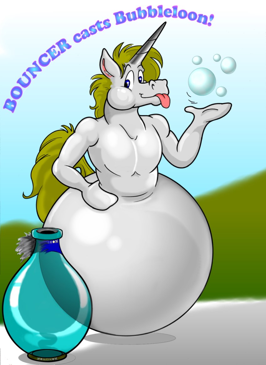 anthro balloon blep bottle bubble container horn inflatable inflation magic_inhibitor male solo tongue tongue_out transformation calbeck mythology equid equine mammal mythological_creature mythological_equine unicorn hi_res