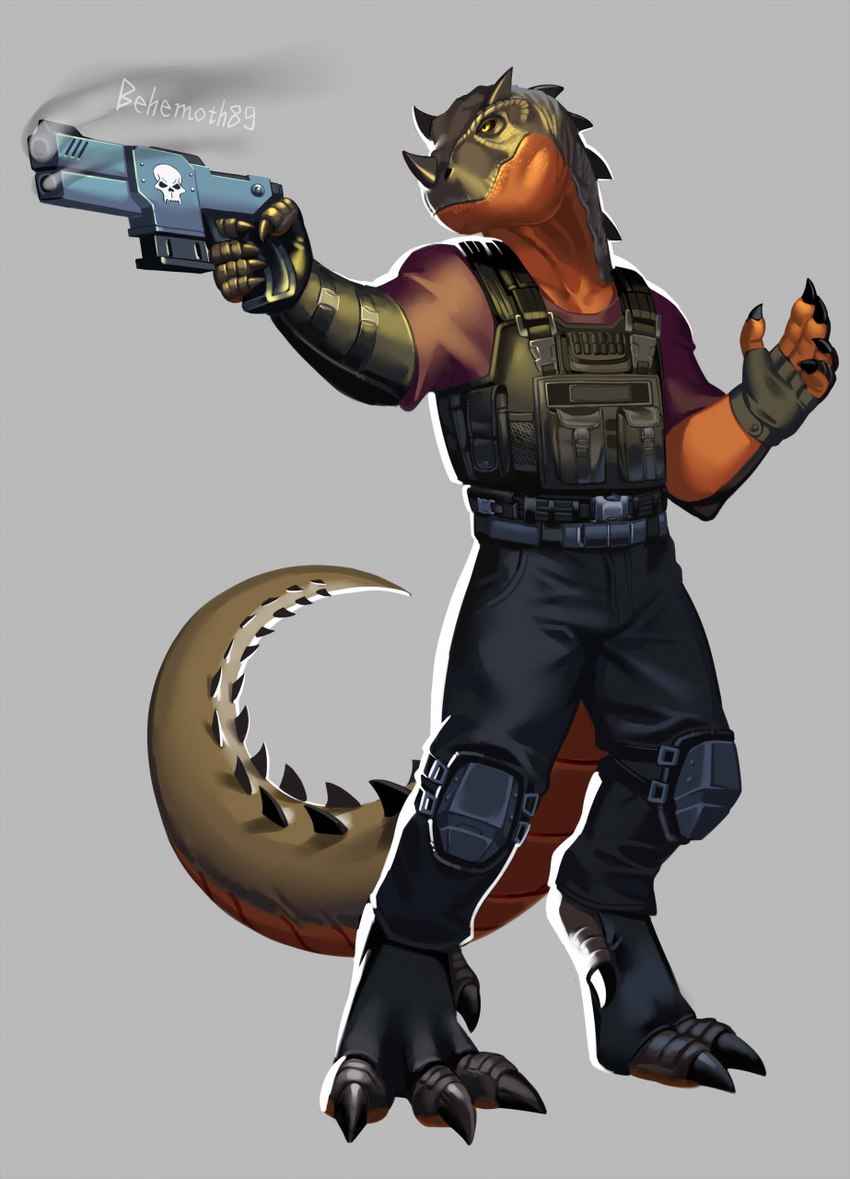 aiming_weapon anthro armor body_armor clothing futuristic_gun gloves handwear knee_pads male mercenary smoking_gun solo tail weapon behemoth89 grim_(grimsaurus) ceratosaurid ceratosaurus dinosaur prehistoric_species reptile scalie theropod hi_res