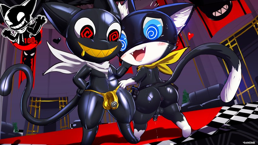 anthro anus barely_visible_anus belt black_body black_fur black_tail blue_eyes blush bodily_fluids bubble_butt bulge butt clothing dipstick_tail dripping duo foreskin fur gameplay_mechanics genital_fluids genitals glistening glistening_body gloves_(marking) gold_thong heart_symbol hearts_around_head hypnosis kerchief latex latex_body latex_suit leaking_precum leg_markings male male/male markings mask mind_control penis precum precum_drip presenting_bulge red_eyes shiny_bulge short short_male short_stack socks_(marking) spiral_eyes sweat sweaty_body tail tail_markings teasing thong underwear white_body white_fur zipper zipper_mouth ichimoral atlus megami_tensei megami_tensei_persona persona_(series) persona_5 sega beta_morgana_(persona) morgana_(persona) domestic_cat felid feline felis mammal monster tuxedo_cat absurd_res hi_res