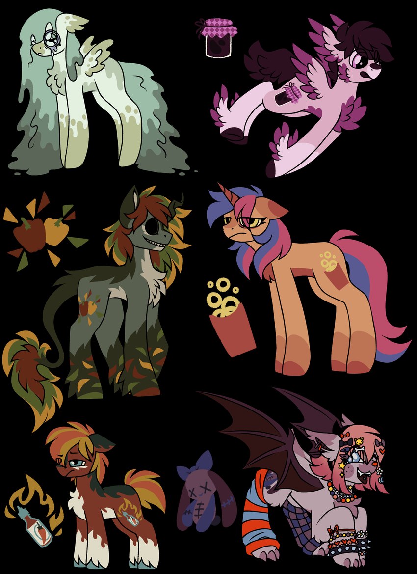 accessory ambiguous_gender armband bat_wings black_eyes blep blonde_hair blue_eyes blue_hair bodily_fluids brown_hair clothing container creepy_smile crying curved_horn cutie_mark dirty doll ear_piercing female food fruit fur green_body green_fur hair hair_accessory hairpin horn jar jewelry legwear male male/female male/male membrane_(anatomy) membranous_wings molotov_cocktail necklace no_pupils onion_rings orange_body orange_fur pepper_(fruit) piercing pink_body pink_fur plant purple_body purple_eyes purple_fur red_body red_fur red_hair small_wings smile spiked_armband spikes striped_body striped_fur stripes tan_body tan_fur tears thigh_highs tired tired_expression tired_eyes tired_look tongue tongue_out tongue_piercing wings wings_on_head x_eyes pegacousin hasbro my_little_pony mythology bat_pony earth_pony equid equine horse mammal mythological_creature mythological_equine pegasus pony unicorn 2025 absurd_res alpha_channel hi_res model_sheet
