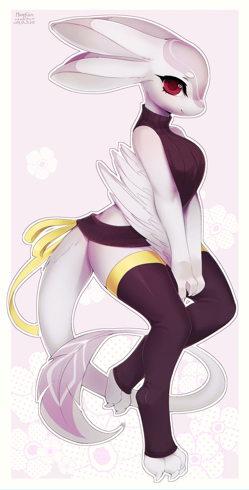 3_toes 4_ears anthro breasts clothing feathered_tail feathers feet female legwear lingerie looking_at_viewer multi_ear non-mammal_breasts red_eyes smile solo standing stockings sweater tail toes topwear virgin_killer_sweater wings vomleben meme_clothing naaka avali absurd_res hi_res meme