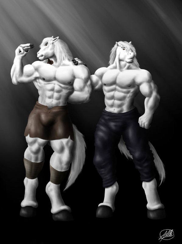 abs anthro biceps black_nipples bottomwear bulge clothed clothing duo front_view fur hair hand_behind_back hand_on_shoulder hooves leg_wraps male muscular muscular_male nipples pants pecs shorts simple_background smile standing topless white_body white_fur white_hair wraps symbolhero equid equine horse mammal 2012 digital_media_(artwork) hi_res signature