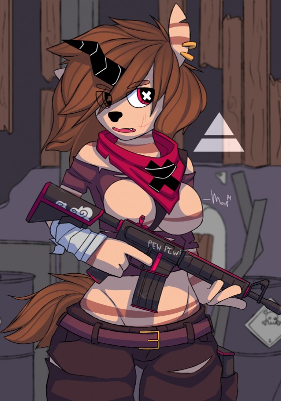 anthro ar_platform breasts clothed clothing featureless_breasts female gun hair hair_over_eye holding_gun holding_object holding_ranged_weapon holding_rifle holding_weapon horn m4a4 midriff one_eye_obstructed piercing ranged_weapon rifle solo stoner_rifle trigger_discipline weapon whoop mythology equid equine hybrid mammal mythological_creature mythological_equine unicorn 2014 digital_media_(artwork) hi_res