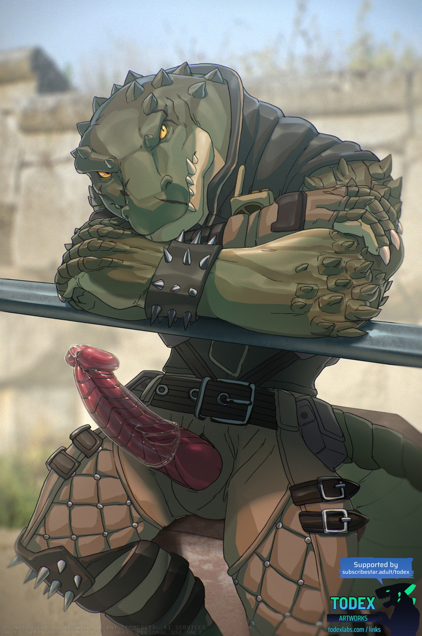 anthro aroused aroused_by_another aroused_male barazoku belt biceps big_muscles big_penis bodily_fluids bottomwear bracelet brown_belt brown_bottomwear brown_clothing brown_pants claws clothing condom condom_too_small crossed_arms erection facial_scar fangs genital_fluids genitals green_body green_scales grey_clothing grey_jacket grey_topwear imminent_anal imminent_sex intimidation jacket jewelry knee_pads leaking_precum leaning leaning_forward leaning_on_fence looking_at_viewer male manly menancing muscular muscular_anthro muscular_male outside outside_exposure pants penis penis_poking_out penis_through_fly precum precum_on_own_penis precum_on_penis presenting presenting_penis public public_erection public_exposure red_penis scales scar seducing_viewer seductive sexual_barrier_device showing_off_muscles sitting small_condom snout snout_scar solo spiked_bracelet spiked_knee_pads spikes stern stern_look tail teeth thick_arms topwear torn_condom tough_guy vein veiny_penis wearing_condom wristband yellow_eyes todex crock_(wild_assault) crocodile crocodilian reptile scalie hi_res