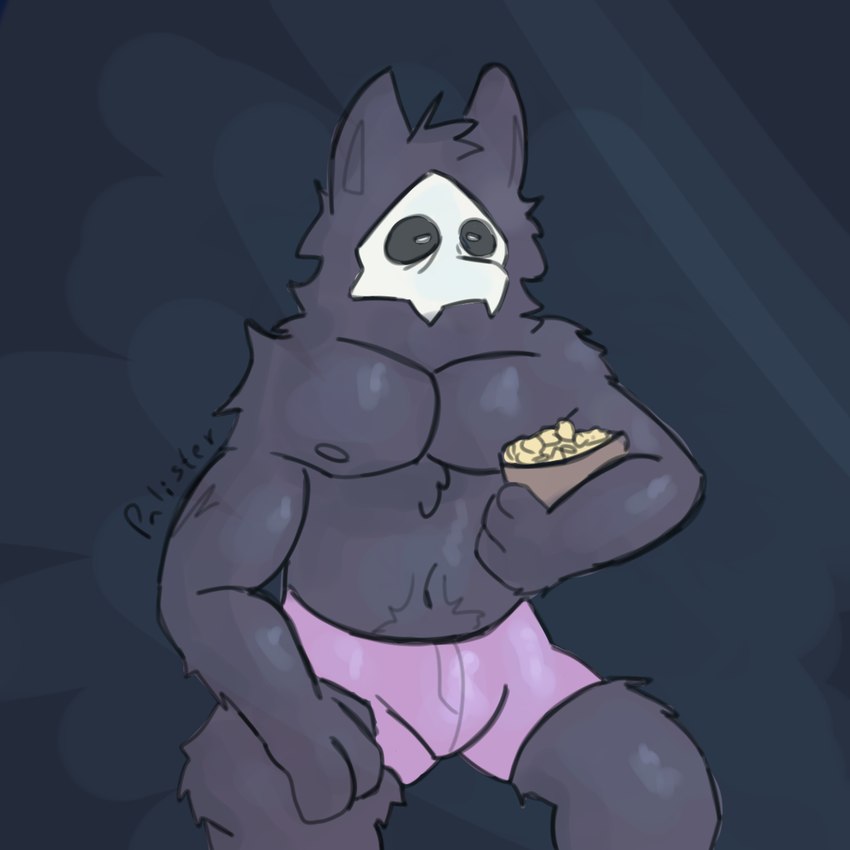 black_body black_fur clothing food fur grey_body grey_fur male muscular pink_clothing pink_underwear popcorn pubes sitting solo tired underwear watching_television palister35 changed_(video_game) puro_(changed) canid canine canis mammal wolf 1:1 hi_res