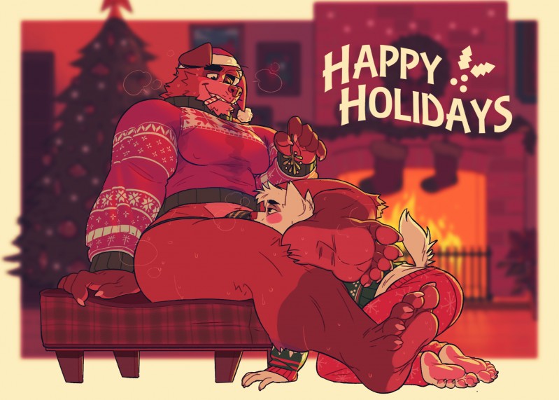 anthro anthro_on_anthro bodily_fluids bulge bulge_nuzzling claws duo feet foot_focus holidays leg_wrap male male/male mistletoe muscular muscular_male pecs plant soles sweat toe_claws mezcal_(artist) christmas canid canine canis domestic_dog mammal hi_res