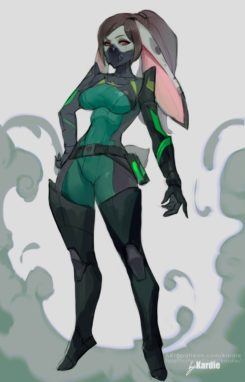 anthro belt belt_pouch big_breasts bodysuit boots breasts clothing female footwear gas_mask hair legwear mask ponytail shoes skinsuit solo thigh_highs tight_clothing kardie riot_games tencent valorant beverly_(athiesh) viper_(valorant) lagomorph leporid mammal rabbit absurd_res hi_res