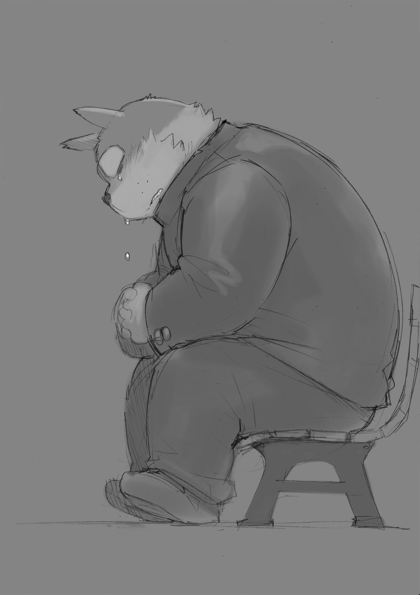 anthro bodily_fluids bottomwear clothing crying eyes_closed kemono male overweight overweight_anthro overweight_male pants shirt simple_background sitting solo tears topwear kita_9999 mekko_rarekko fukami_youhei canid canine canis domestic_dog mammal 2015 hi_res monochrome