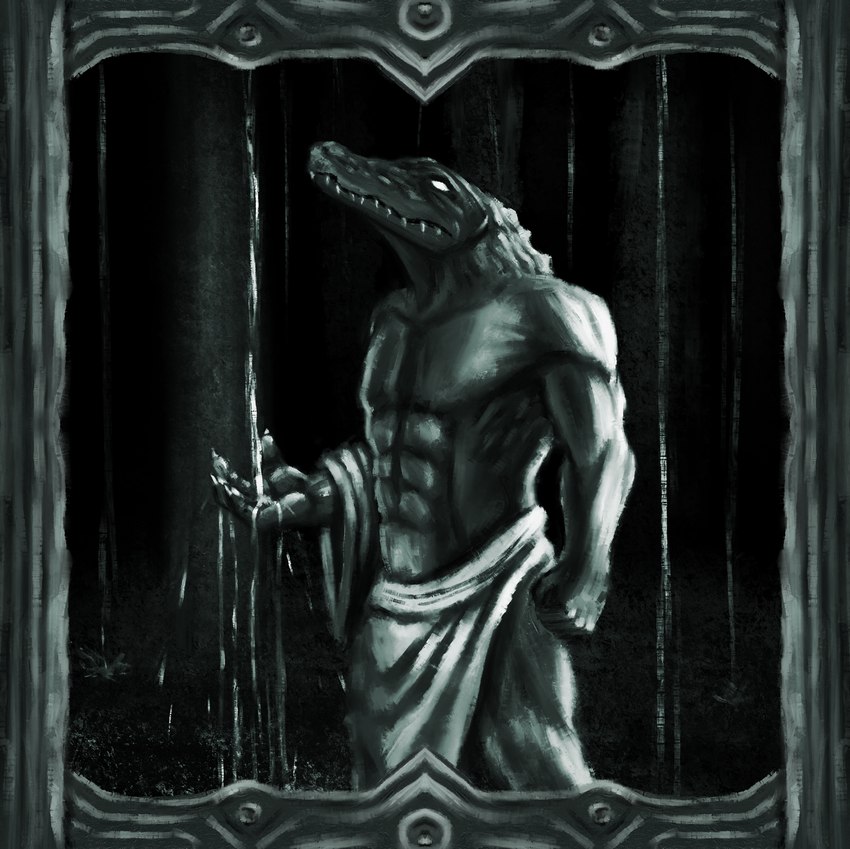 anthro black_border bleak_ambiance border carved_stone chair clothing dark desolate furniture holy male muscular picture_frame robe rock water water_stream white_eyes dirtypaperjoe alligator alligatorid american_alligator crocodilian reptile scalie 2024 absurd_res digital_drawing_(artwork) digital_media_(artwork) digital_painting_(artwork) hi_res high_contrast