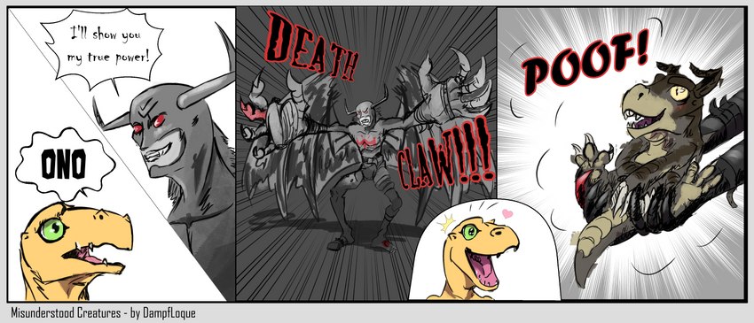 champion group humor manga_effects pun_intended short size_difference text trio loque bandai_namco digimon fallout microsoft agumon deathclaw devimon digimon_(species) monster scalie 2021 comic crossover digital_media_(artwork) english_text hi_res