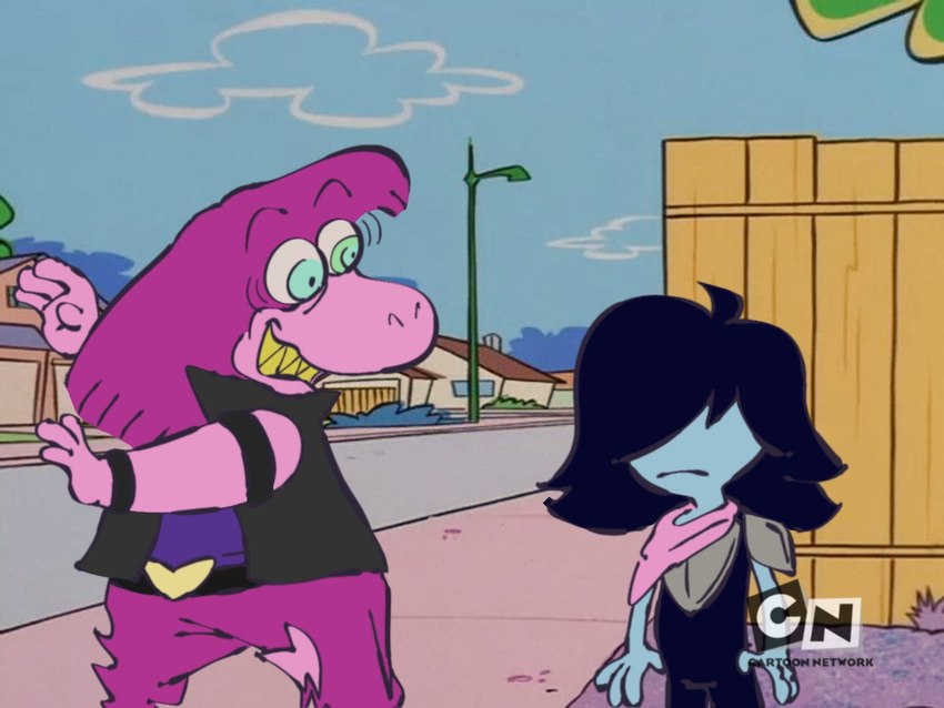 anthro clothed clothing duo female hair humor logo long_hair male outside parody purple_body purple_hair sharp_teeth style_emulation teeth gappyshamp cartoon_network deltarune ed_edd_n_eddy kris_where_are_we undertale_(series) kris_(deltarune) susie_(deltarune) dinosaur human mammal prehistoric_species reptile scalie 2021 4:3 meme