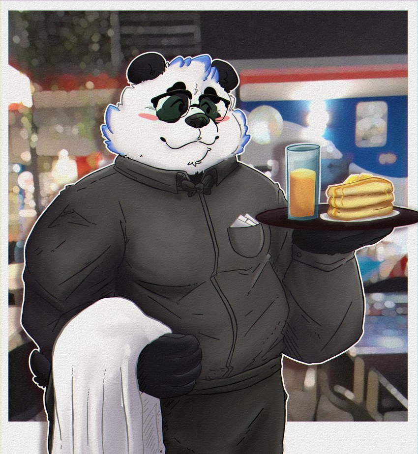 anthro belly black_nose blush bottomwear bow_tie clothing food male overweight overweight_male pants shirt solo topwear waiter white_body 06junior11 bear giant_panda mammal 2023 absurd_res hi_res