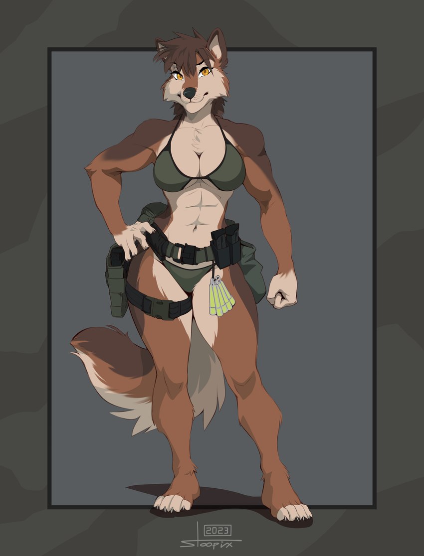 abs anthro athletic athletic_female bikini breasts cleavage clothed clothing female glowstick holster law_enforcement police solo swimwear tactical tactical_gear tomboy two-piece_swimsuit under_boob stoopix swat sierra_howlett canid canine canis mammal wolf 2023 absurd_res hi_res