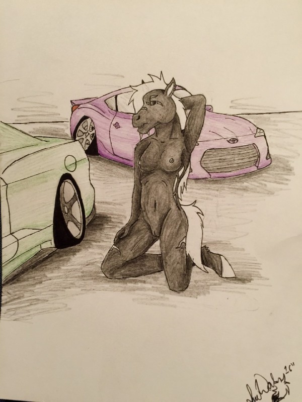 anthro biped car clitoris female genitals hair hand_behind_back hooves kneeling long_hair looking_at_viewer pussy scar simple_background solo vehicle bossman1969 toyota equid equine horse mammal 3:4 hi_res