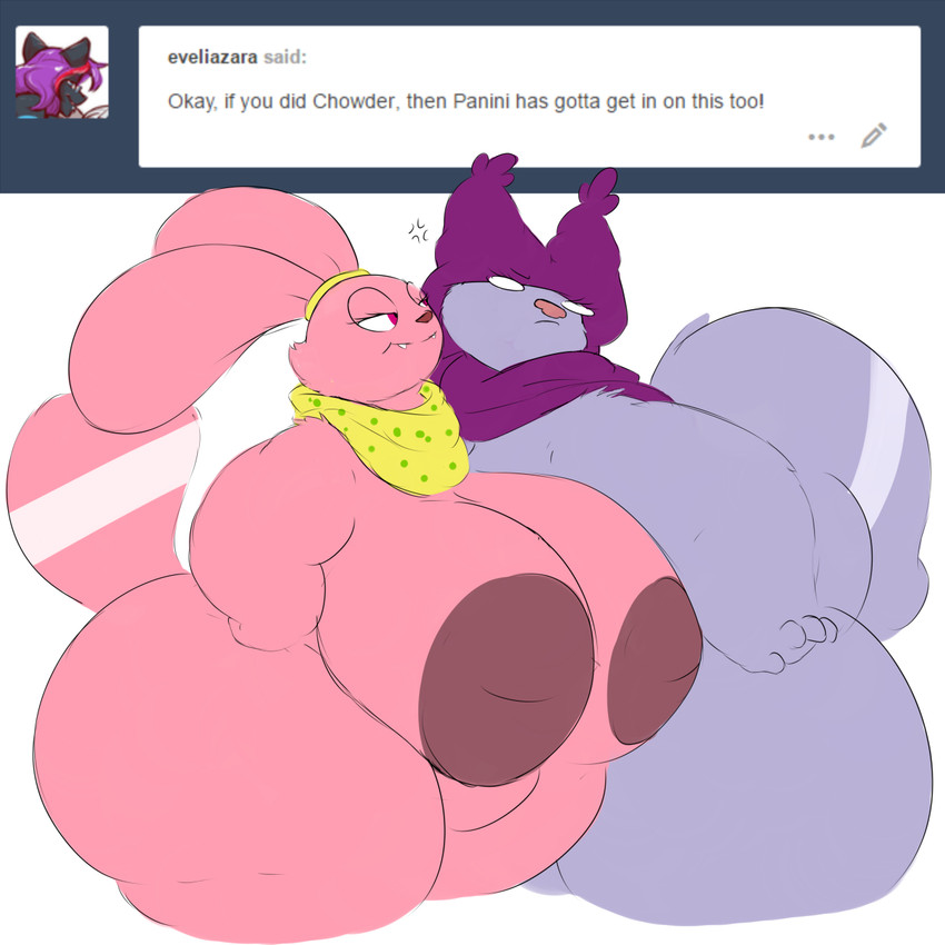 anthro big_breasts big_butt breasts butt clothing cross-popping_vein duo female fur huge_breasts huge_butt hyper inverted_nipples male male/female morbidly_obese narrowed_eyes nipples obese overweight overweight_female overweight_male pink_body purple_body purple_fur smile smirk text thick_thighs vein wide_hips noirbutt cartoon_network chowder_(series) chowder panini_(chowder) mammal 1:1 english_text hi_res