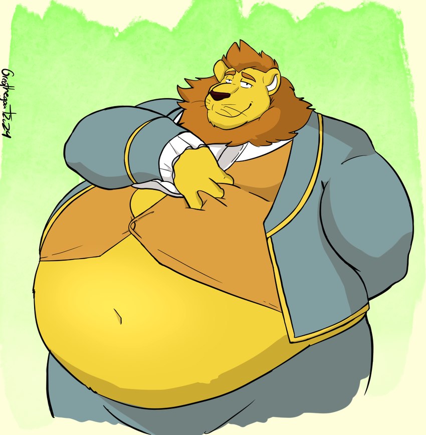 anthro belly big_belly button_(fastener) classy clothed clothing fur green_background hand_behind_back hand_on_chest male mane navel obese obese_anthro obese_male overweight overweight_anthro overweight_male simple_background smile solo squish standing straining_buttons yellow_body yellow_fur gregthegoat lazygoatboi felid lion mammal pantherine 2024 dated signature