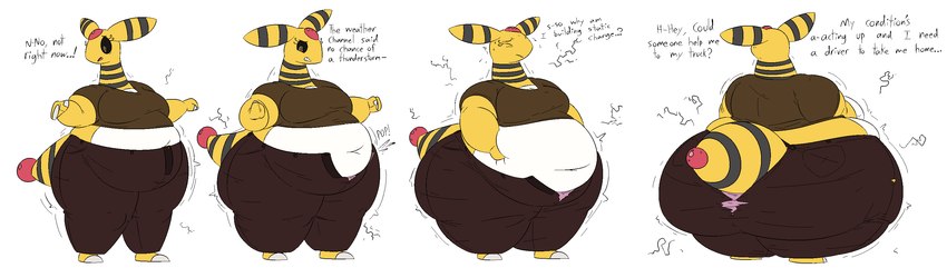 anthro asking asking_for_help barefoot belly belly_inflation belly_squish big_belly big_breasts big_butt biped black_electricity black_eyebrows black_sclera black_stripes black_text bloated bodily_fluids bottom_heavy bottomwear breasts brown_bottomwear brown_clothing brown_eyes brown_jeans brown_pants brown_shirt brown_topwear butt butt_expansion button_(fastener) button_pop cleavage clenched_teeth clothed clothed_anthro clothed_female clothing countershade_torso countershading deep_navel denim denim_bottomwear denim_clothing dialogue electric_inflation electricity ellipsis embarrassed emphatic_ellipsis exclamation_point expansion eyebrows eyelashes eyes_closed fat_arms feet female female_anthro fingerless_(marking) forehead_gem front_view furgonomic_bottomwear furgonomics gem glistening glistening_eyes holding_belly huge_belly huge_breasts huge_butt huge_thighs inflation jeans markings midriff mitten_hands morbidly_obese morbidly_obese_anthro morbidly_obese_female mouth_closed navel no_pupils obese obese_anthro obese_female open_mouth overweight overweight_anthro overweight_female panties pants pink_clothing pink_panties pink_underwear pockets pokemorph pop_(sound_effect) question_mark questioning_ellipsis rear_view red_gem red_mouth shirt simple_background solo squish standing static_electricity striped_ears striped_markings striped_neck striped_tail stripes stuttering sweat tail tail_markings talking_to_self teeth text thick_thighs three-quarter_view toeless_(marking) topwear torn_bottomwear torn_clothing torn_jeans torn_pants underwear wardrobe_malfunction wavy_mouth white_background white_body white_countershading wide_hips yellow_body yellow_ears yellow_tail thatoneaceguy nintendo pokemon jeannette_(thatoneaceguy) ampharos generation_2_pokemon mammal pokemon_(species) 2021 aliasing digital_drawing_(artwork) digital_media_(artwork) english_text full-length_portrait hi_res portrait sequence